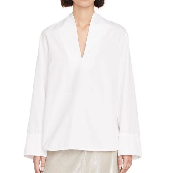 Vince Band Collar V-Neck Long Sleeve Cotton Blouse Medium - Picture 1 of 8